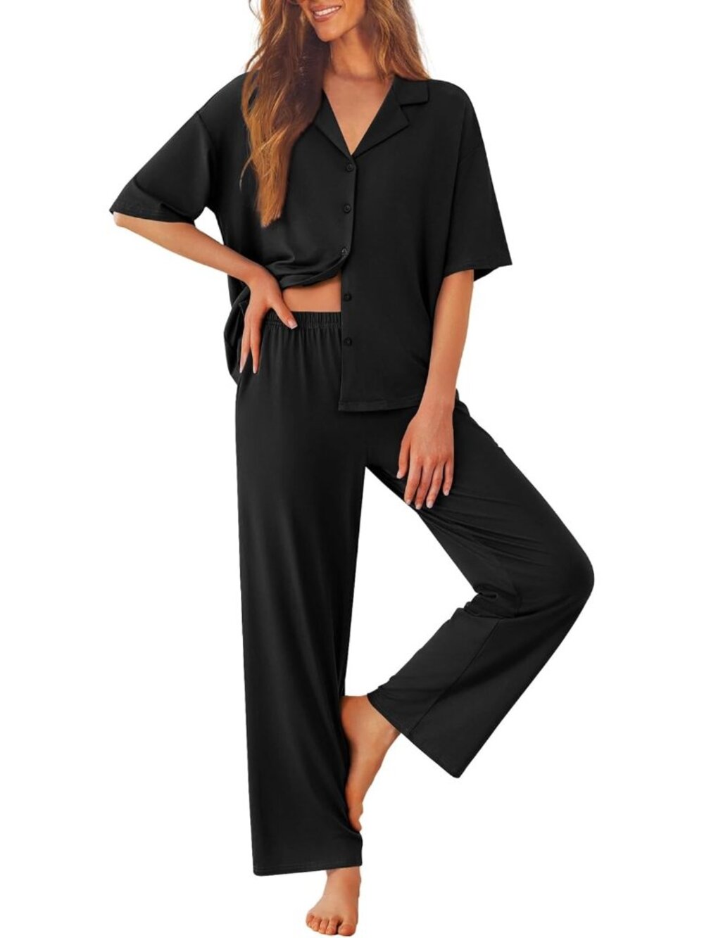 Women Black Notch Lapel Short Sleeve Shirt Sleepwear with Long Pajamas Set